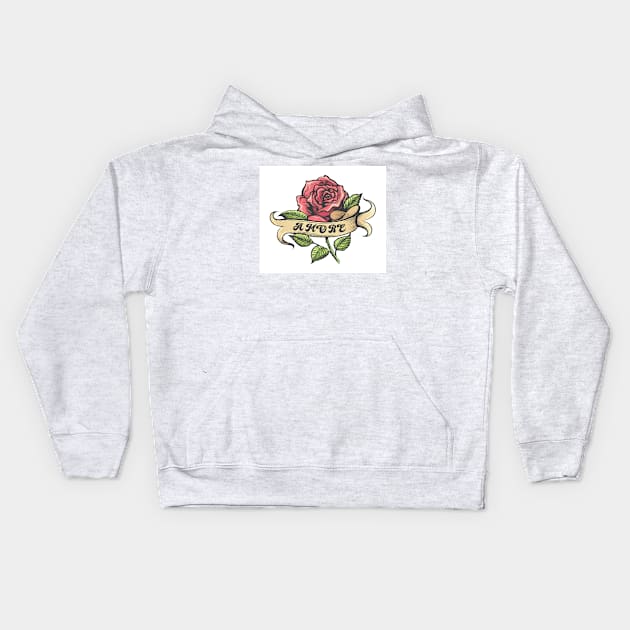 Red Rose and Banner with Lettering Amore Kids Hoodie by devaleta